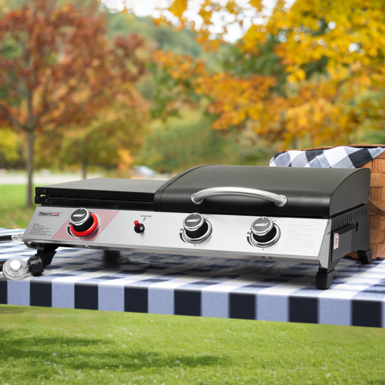 Silver and Black 3-Burner Portable Gas Griddle with Side Burner
