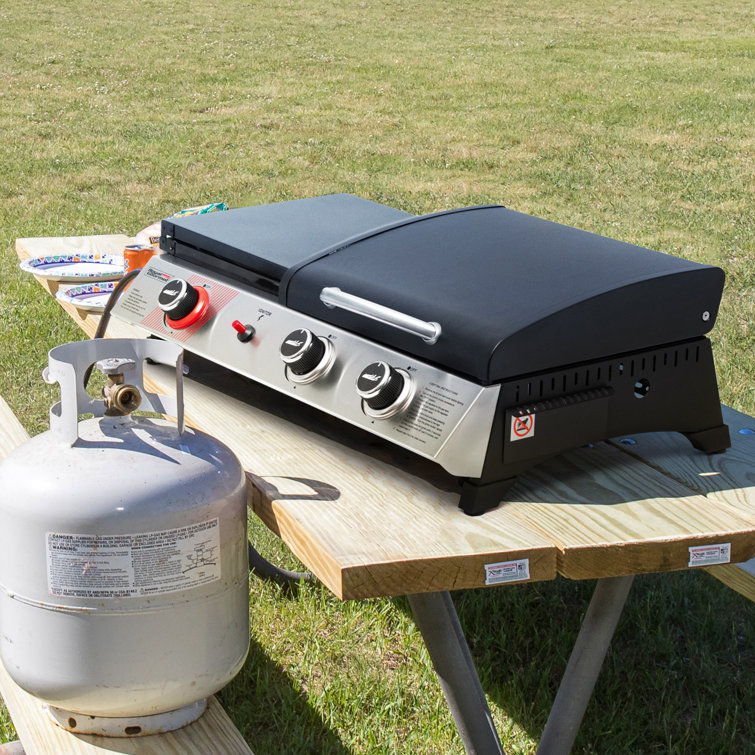 Silver and Black 3-Burner Portable Gas Griddle with Side Burner