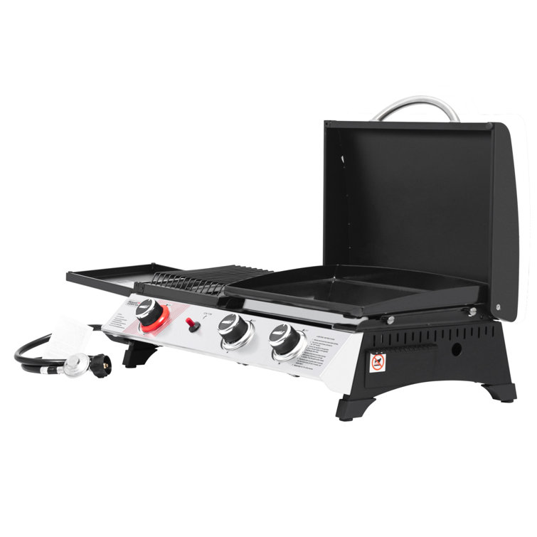 Silver and Black 3-Burner Portable Gas Griddle with Side Burner