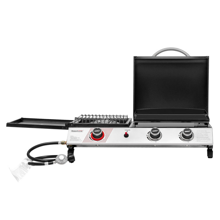 Silver and Black 3-Burner Portable Gas Griddle with Side Burner