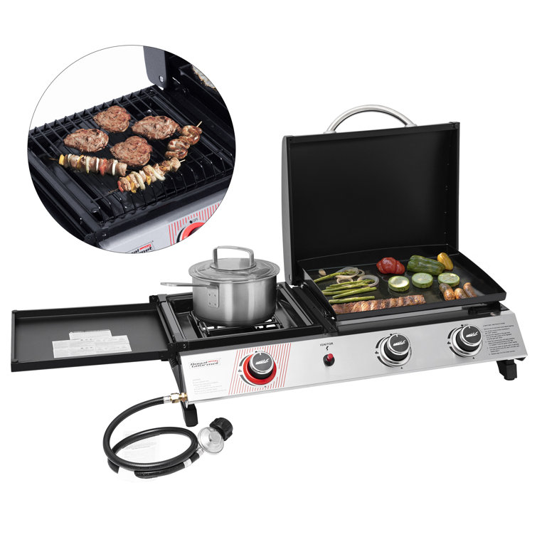 Silver and Black 3-Burner Portable Gas Griddle with Side Burner