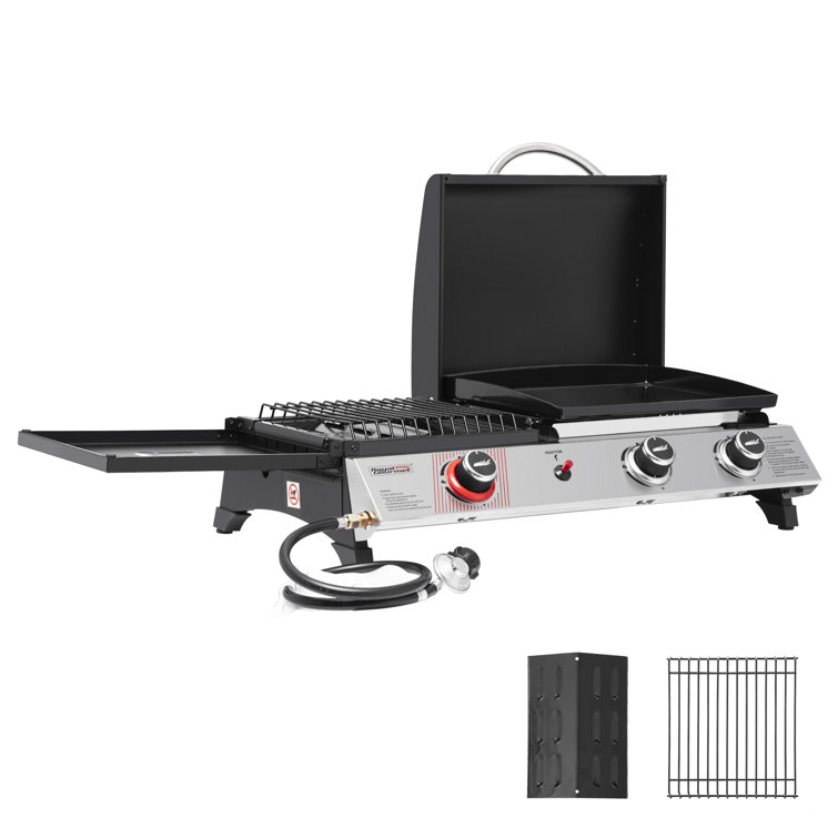 Silver and Black 3-Burner Portable Gas Griddle with Side Burner