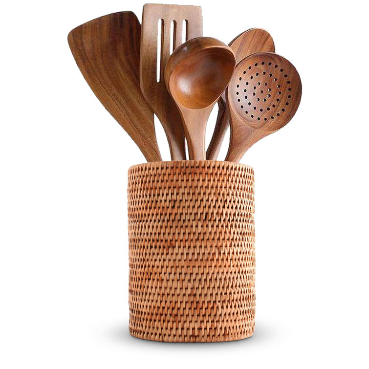 Handwoven Natural Rattan Textured Utensil Crock