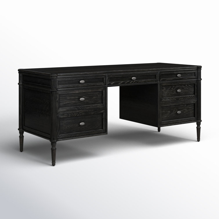 Distressed Black Solid Oak Executive Writing Desk with Drawers