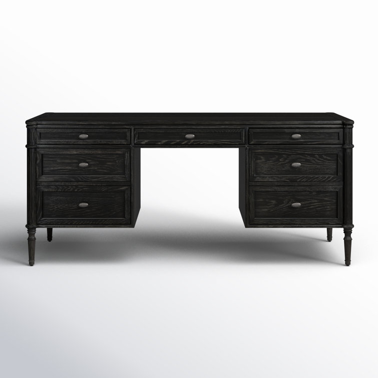 Distressed Black Solid Oak Executive Writing Desk with Drawers