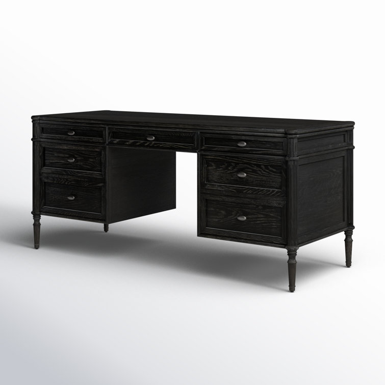 Distressed Black Solid Oak Executive Writing Desk with Drawers