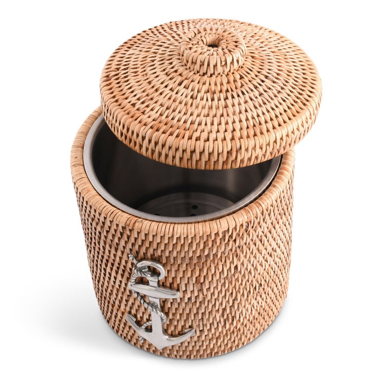 Hand-Woven Rattan Ice Bucket with Pewter Anchor Accent