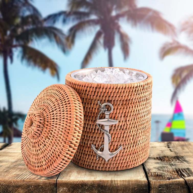 Hand-Woven Rattan Ice Bucket with Pewter Anchor Accent