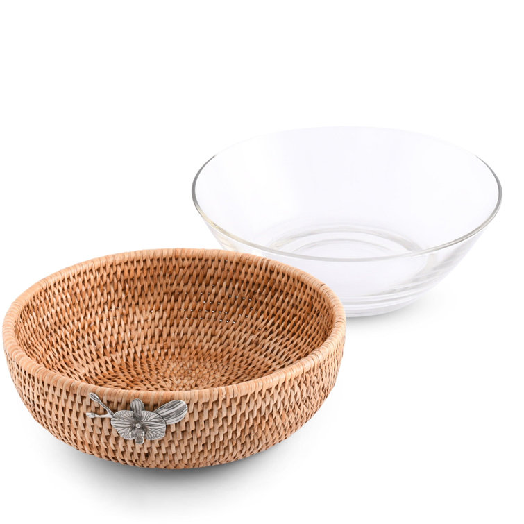 Handwoven Rattan and Glass Round Serving Bowl with Pewter Orchid