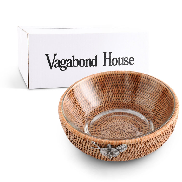 Handwoven Rattan and Glass Round Serving Bowl with Pewter Orchid