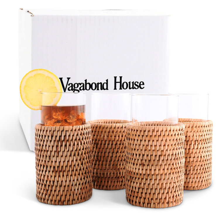 Handwoven Rattan Wrapped Clear Glass Tumblers Set of 4