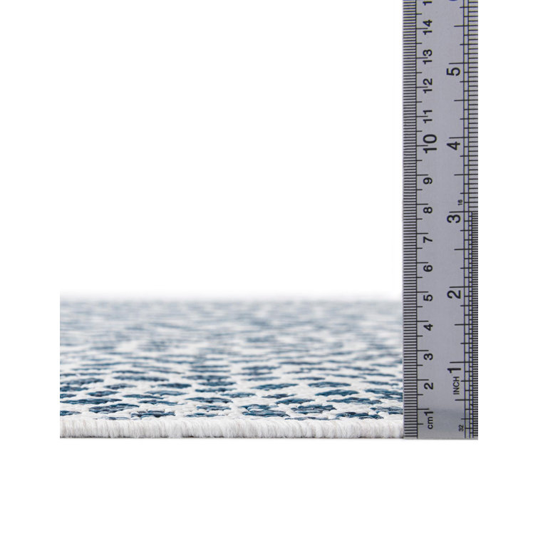 Blue and White Square Synthetic Outdoor Rug