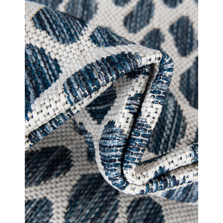 Blue and White Square Synthetic Outdoor Rug