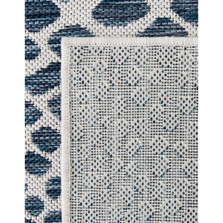 Blue and White Square Synthetic Outdoor Rug