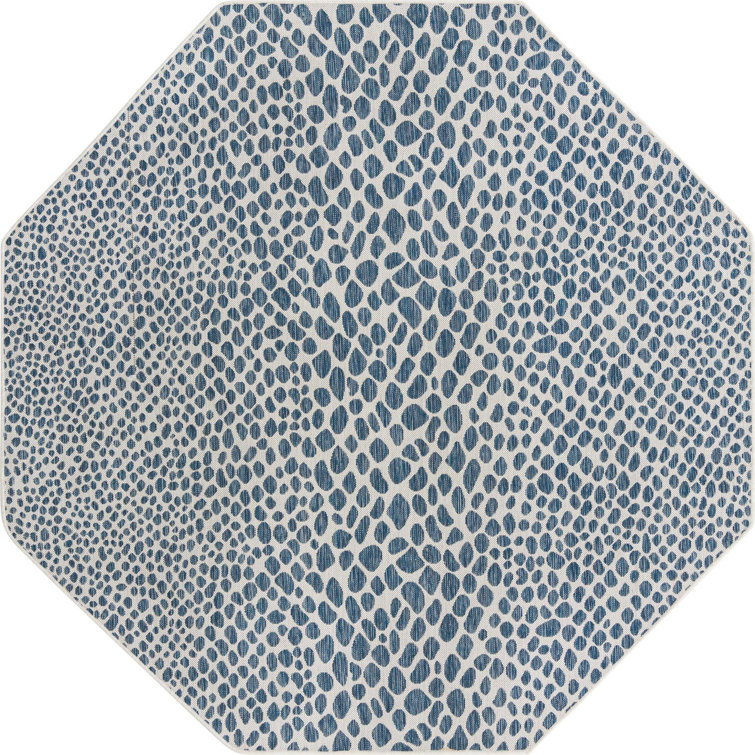 Blue and White Octagon Synthetic Outdoor Rug