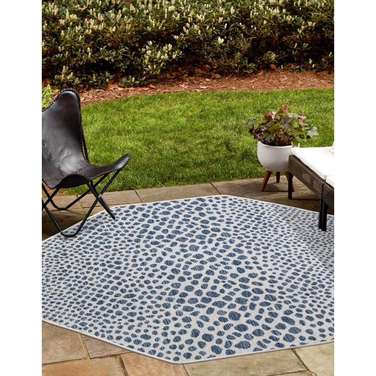Octagon Blue and Ivory Synthetic Outdoor Rug