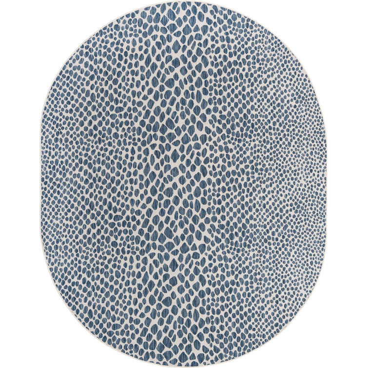 Blue Oval Synthetic Outdoor Rug with Pebble Pattern