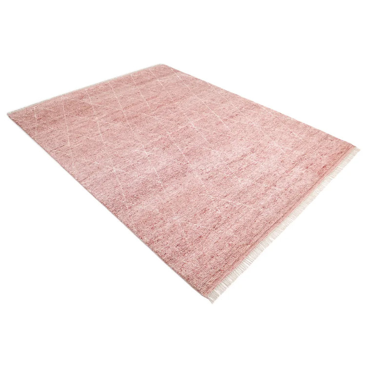 Hand-Knotted Red Geometric Wool Shag Rug, 5' x 8'