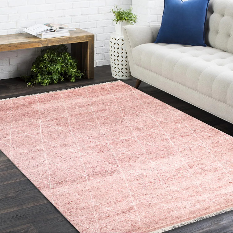 Hand-Knotted Red Geometric Wool Shag Rug, 5' x 8'
