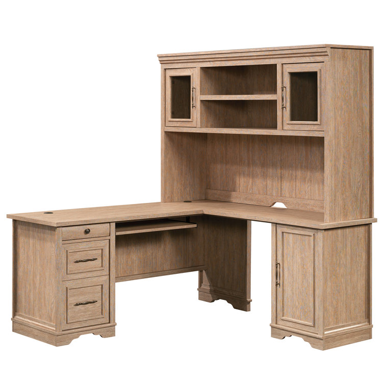 Brushed Oak L-Shaped Corner Desk with Hutch and Drawers