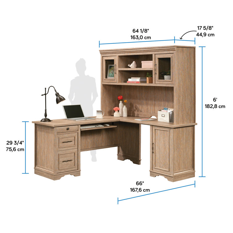 Brushed Oak L-Shaped Corner Desk with Hutch and Drawers