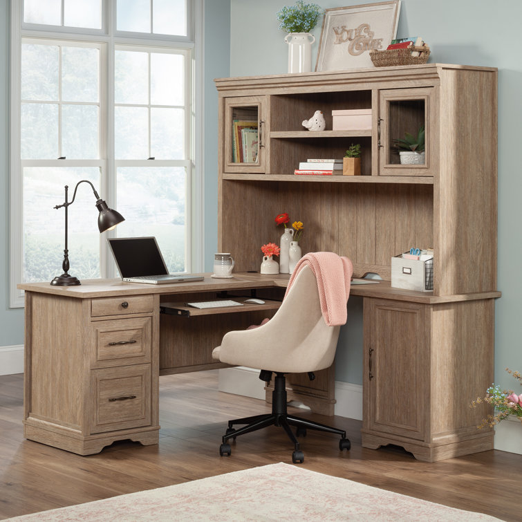 Brushed Oak L-Shaped Corner Desk with Hutch and Drawers