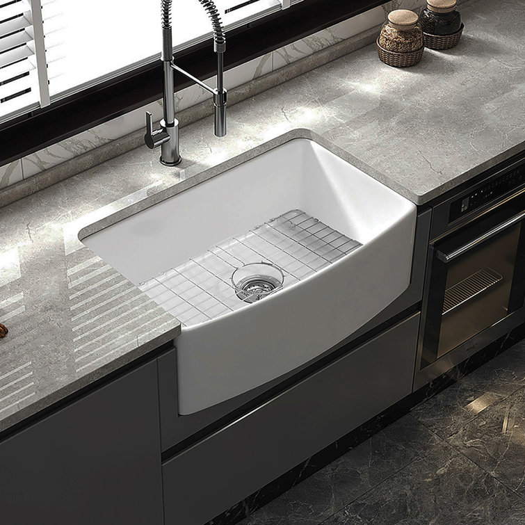 Premium White Fireclay Curved Apron Front Single Bowl Kitchen Sink
