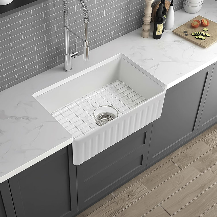 Premium White Fireclay Farmhouse Drop-In Kitchen Sink