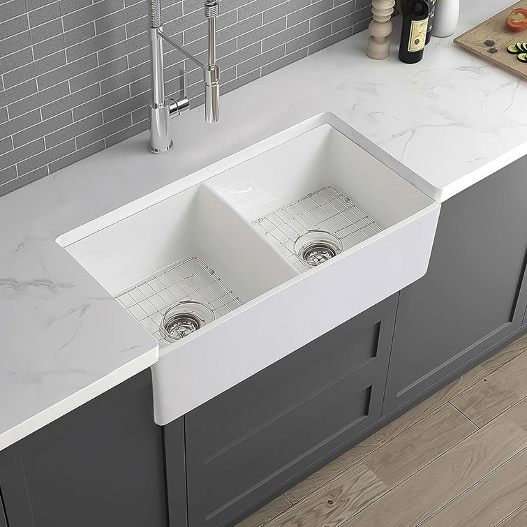 Premium White Fireclay Double Bowl Farmhouse Kitchen Sink