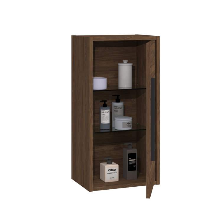 Walnut Wall-Mounted Bathroom Storage Cabinet with Black Handle