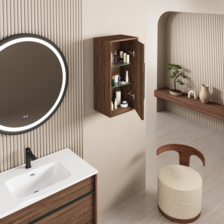 Walnut Wall-Mounted Bathroom Storage Cabinet with Black Handle
