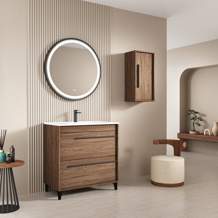 Walnut Wall-Mounted Bathroom Storage Cabinet with Black Handle