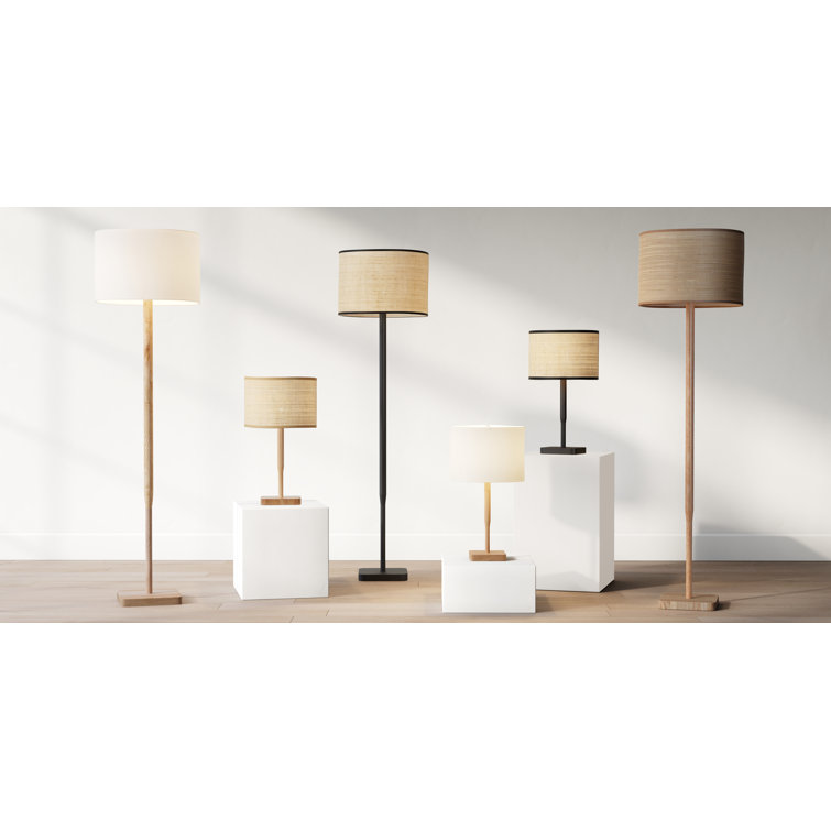Natural Wood Table Lamp with Woven Beige Drum Shade