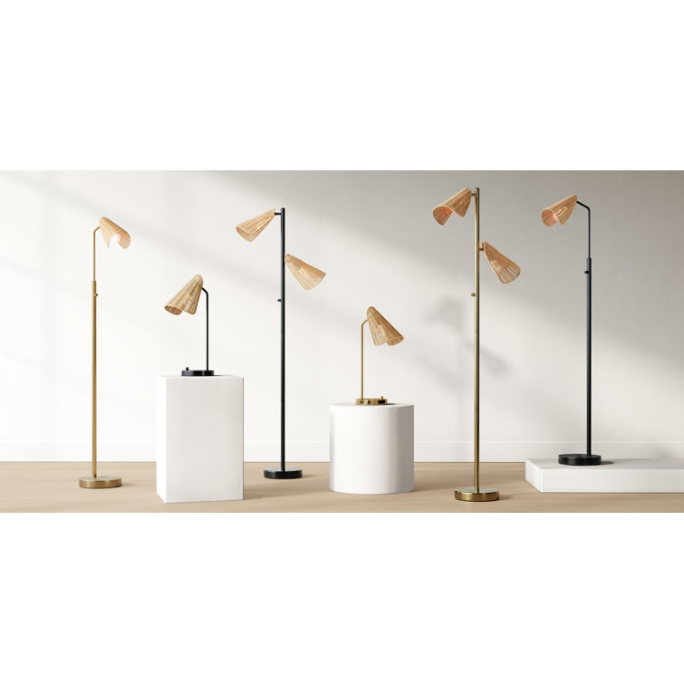 Adjustable Black Metal Floor Lamp with Natural Rattan Shade