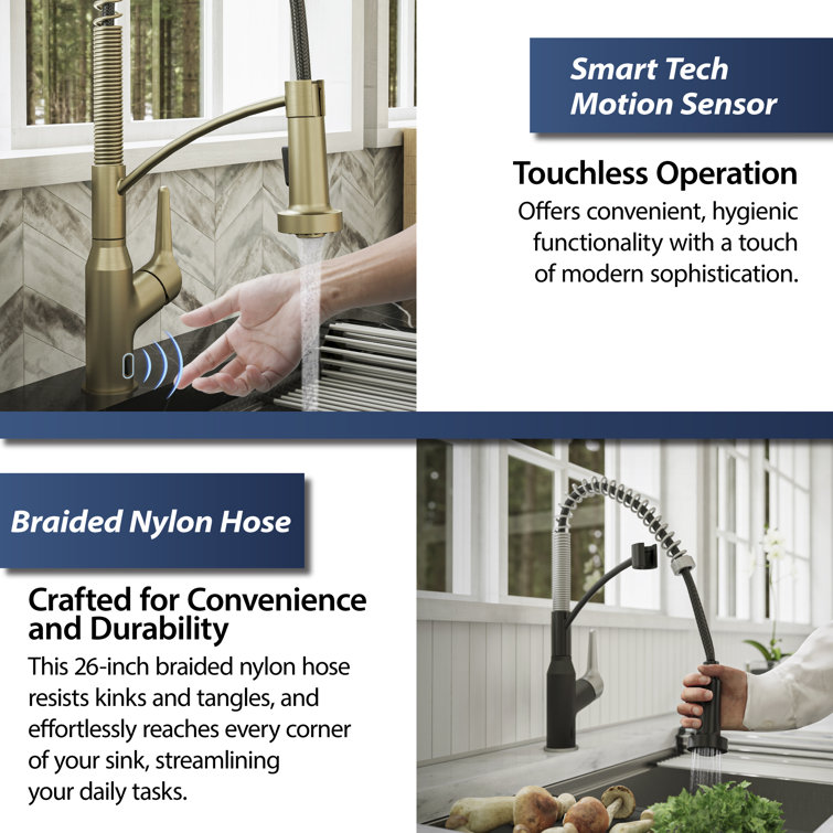 Brushed Gold Brass Touchless Pull-Down Kitchen Faucet with Spray