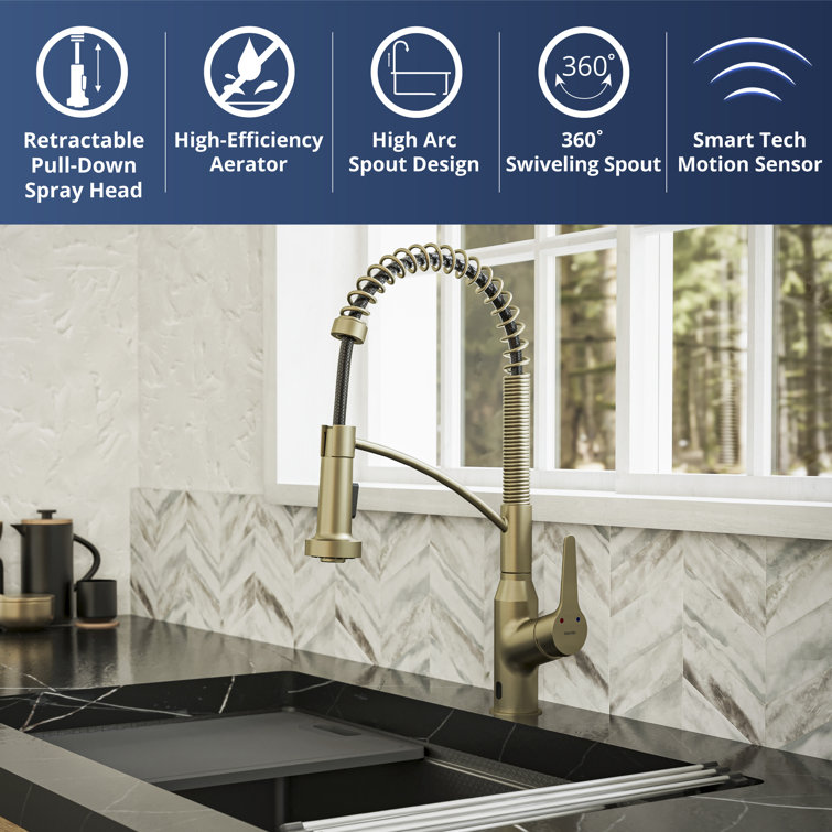 Brushed Gold Brass Touchless Pull-Down Kitchen Faucet with Spray