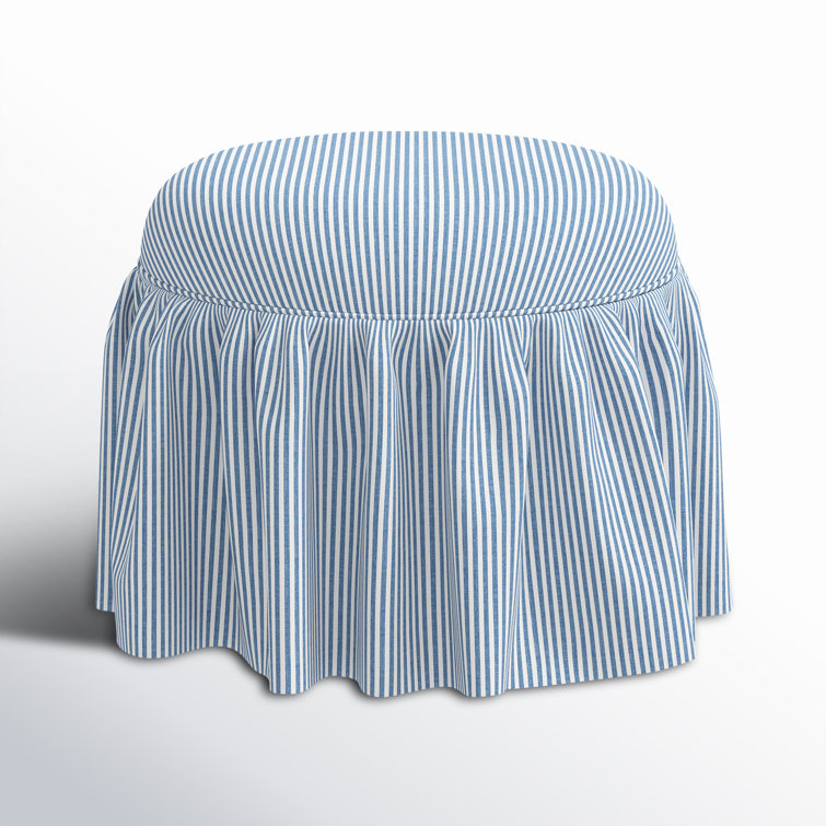 Blue and White Striped Round Upholstered Ottoman