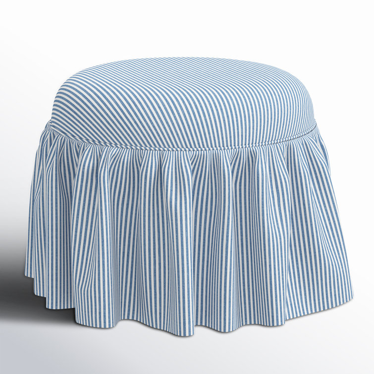 Blue and White Striped Round Upholstered Ottoman