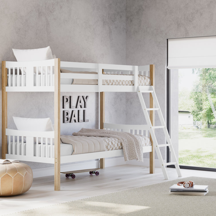 White and Natural Twin Bunk Bed with Wood Frame and Drawer