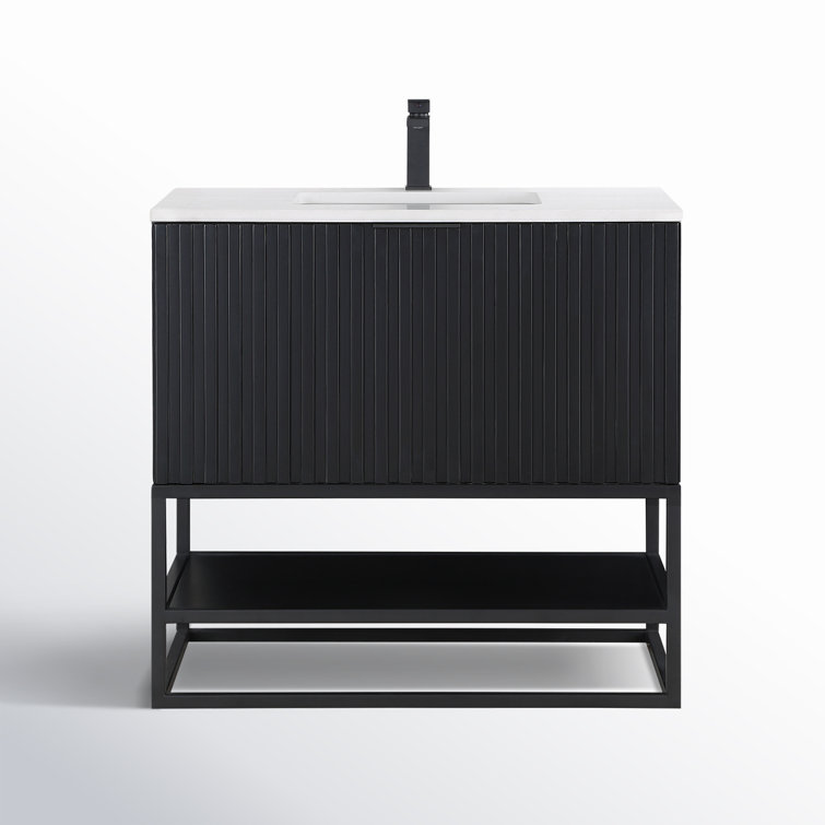 Terra 36'' Matte Black Acacia Single Bathroom Vanity with White Quartz Top