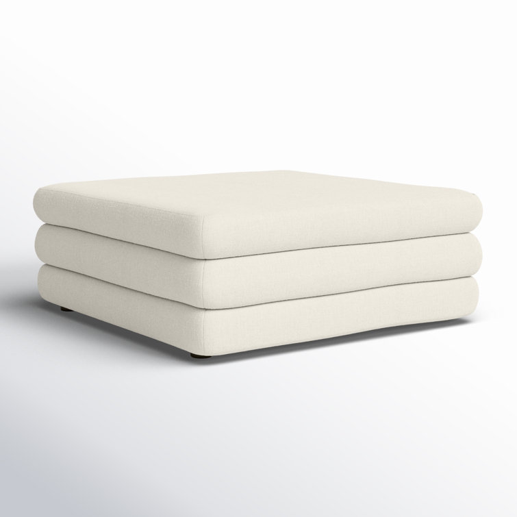 Ivory Polyester Upholstered Cube Ottoman with Solid Wood Frame