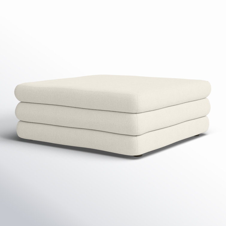 Ivory Polyester Upholstered Cube Ottoman with Solid Wood Frame