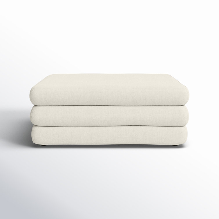 Ivory Polyester Upholstered Cube Ottoman with Solid Wood Frame