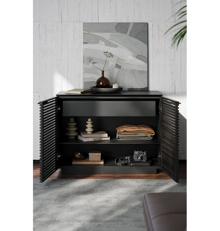 Chocolate Stained Walnut Adjustable Shelving Cabinet with Satin-Etched Glass