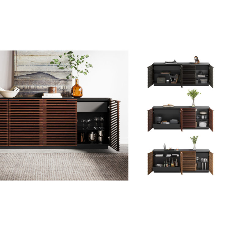 Natural Walnut and Black 79'' Sideboard with Satin Glass Shelves