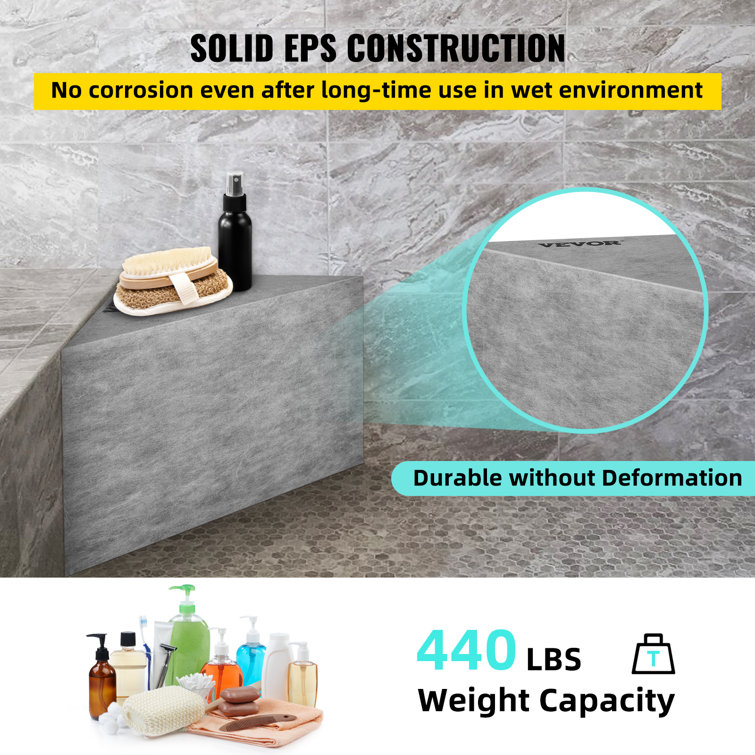 Gray Polystyrene Ready-to-Tile Corner Shower Seat