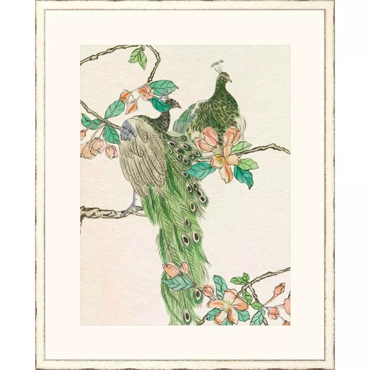 Emerald Peacock II Framed Wall Art Set in Ivory Wood