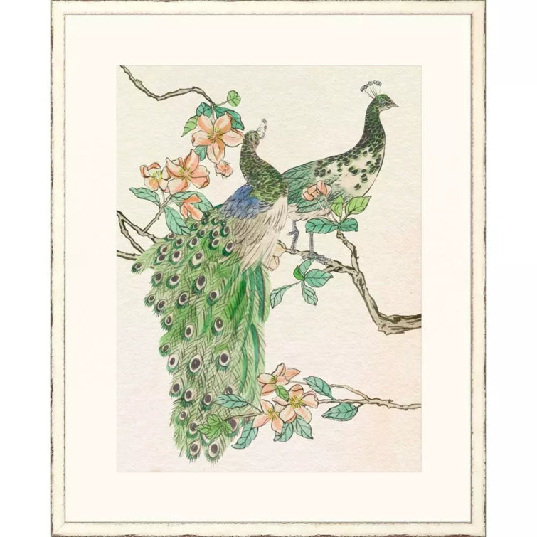 Emerald Peacock II Framed Wall Art Set in Ivory Wood