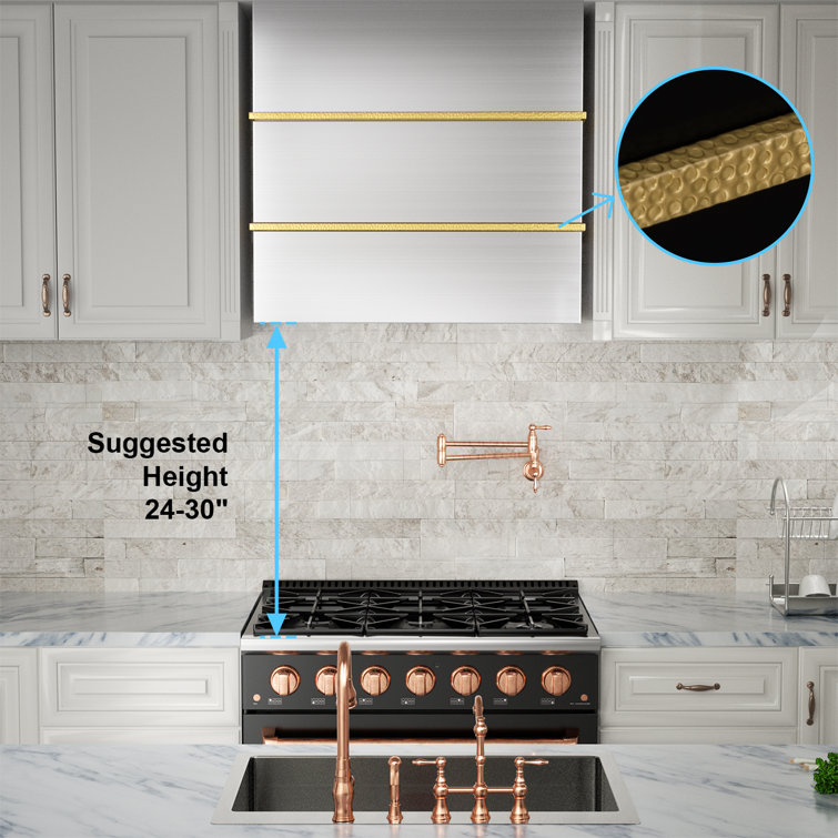 30" Brushed Stainless Steel and Gold Wall Mount Range Hood