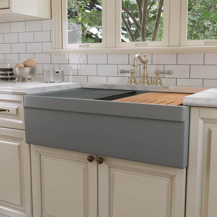 33" Matte Gray Fireclay Double Bowl Farmhouse Sink with Accessories